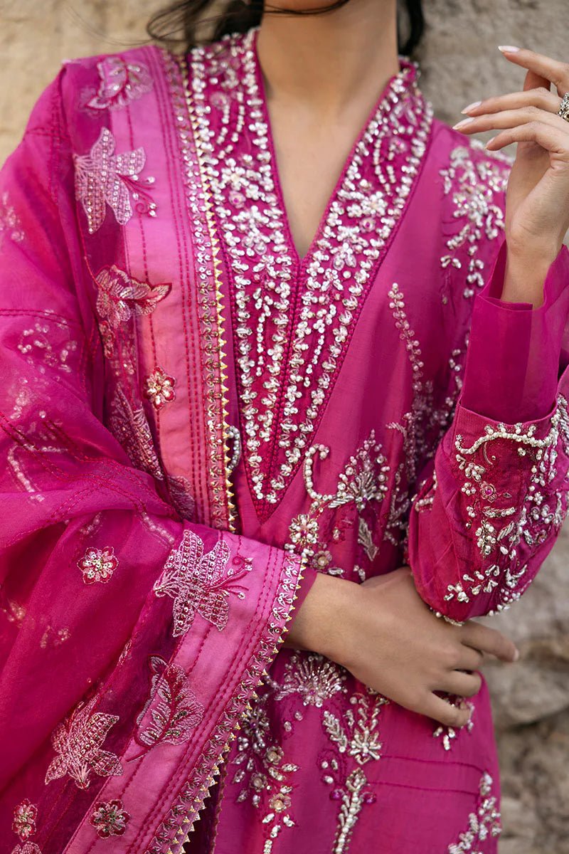 Model wearing a bright pink Oxford Whisper dress from Mushq, part of Celestine The Oxford Edit 24. Perfect Pakistani wedding clothes.