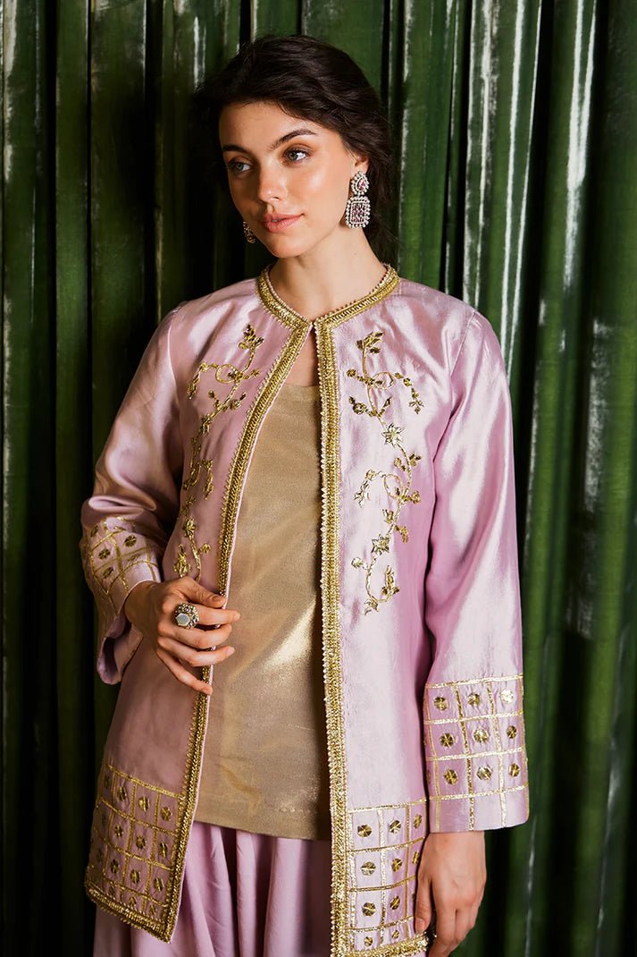 Discover Mushq Chandni Gota Love It '24 Sanjh, a raw silk masterpiece with intricate gota detailing. Perfect for weddings. Shop now for £156 at Signature Labels UK!