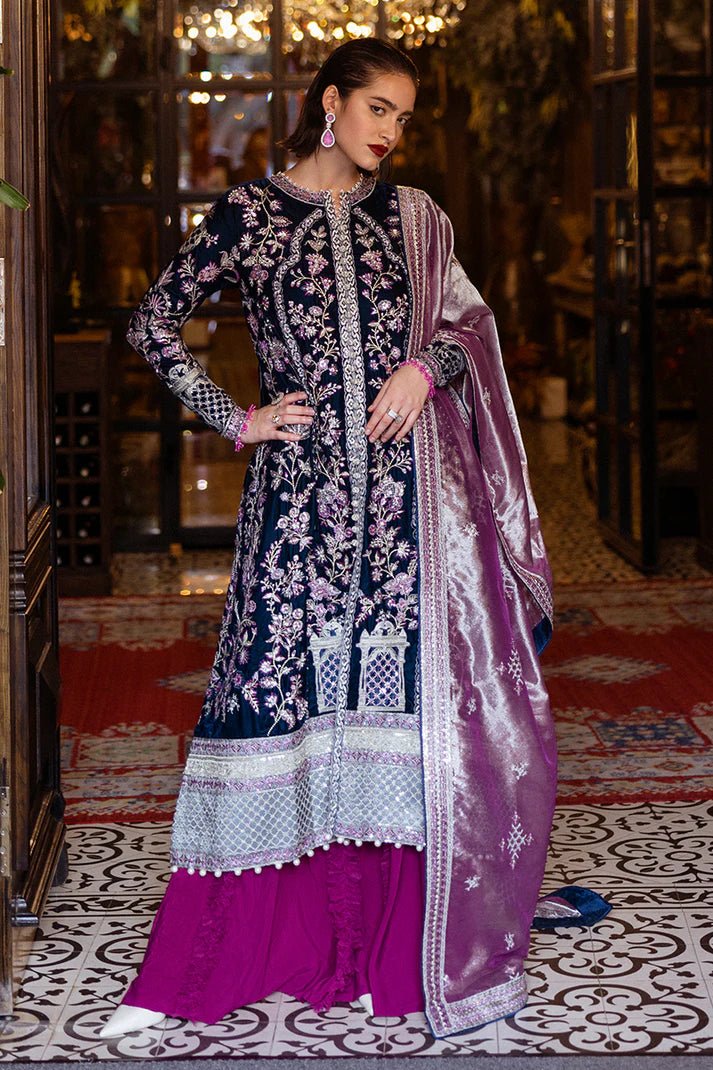 Model wearing Infinite Loop from Mushq's DEJA VU - VELVET '24 collection in deep, luxurious velvet. Pakistani clothes online in UK at Signature Labels.