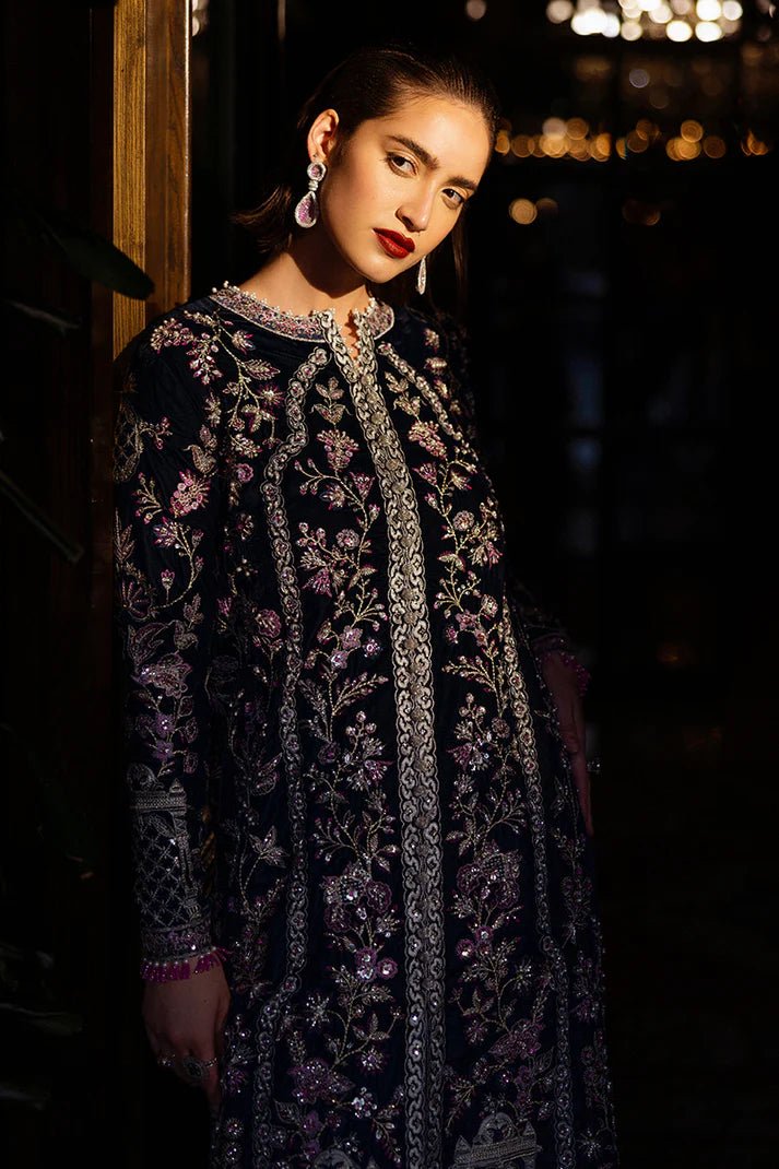 Model wearing Infinite Loop from Mushq's DEJA VU - VELVET '24 collection in deep, luxurious velvet. Pakistani clothes online in UK at Signature Labels.