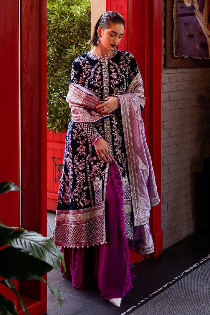 Model wearing Infinite Loop from Mushq's DEJA VU - VELVET '24 collection in deep, luxurious velvet. Pakistani clothes online in UK at Signature Labels.