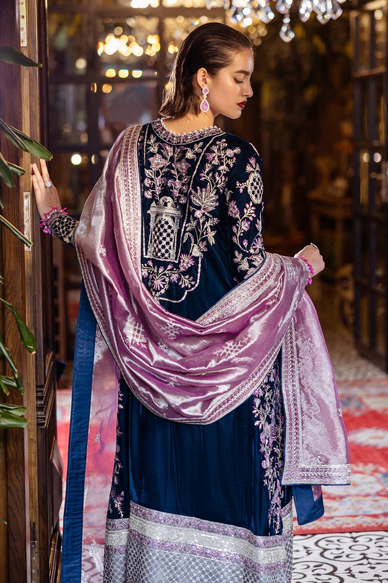 Model wearing Infinite Loop from Mushq's DEJA VU - VELVET '24 collection in deep, luxurious velvet. Pakistani clothes online in UK at Signature Labels.