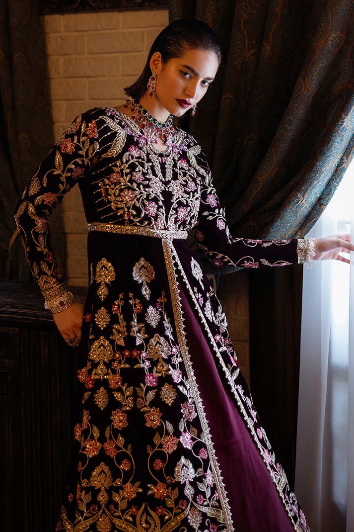 Model wearing Lost in Time from Mushq's DEJA VU - VELVET '24 collection in rich, elegant velvet. Pakistani clothes online in UK at Signature Labels.