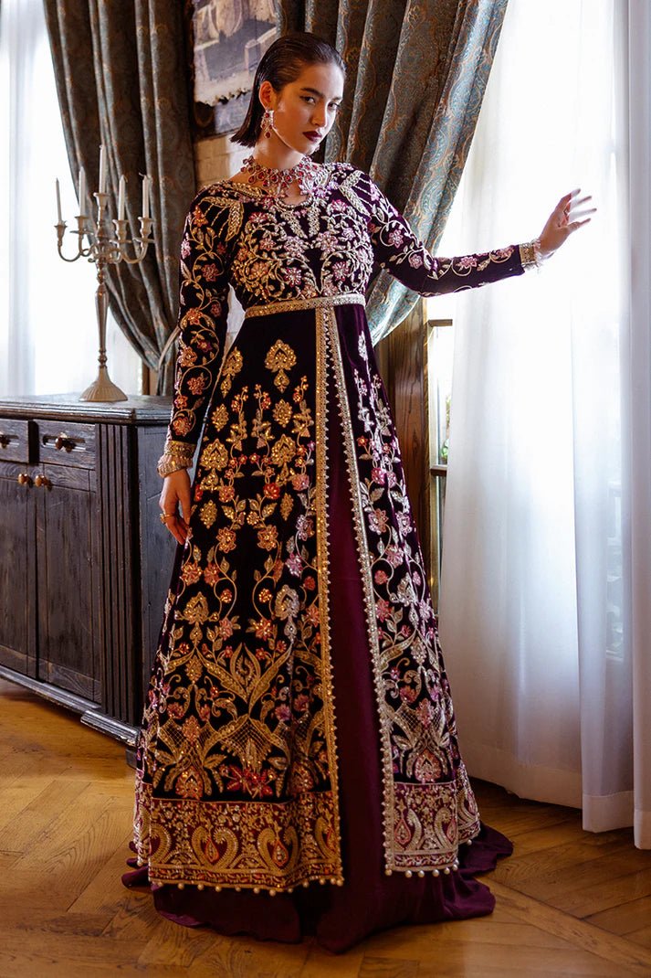 Model wearing Lost in Time from Mushq's DEJA VU - VELVET '24 collection in rich, elegant velvet. Pakistani clothes online in UK at Signature Labels.