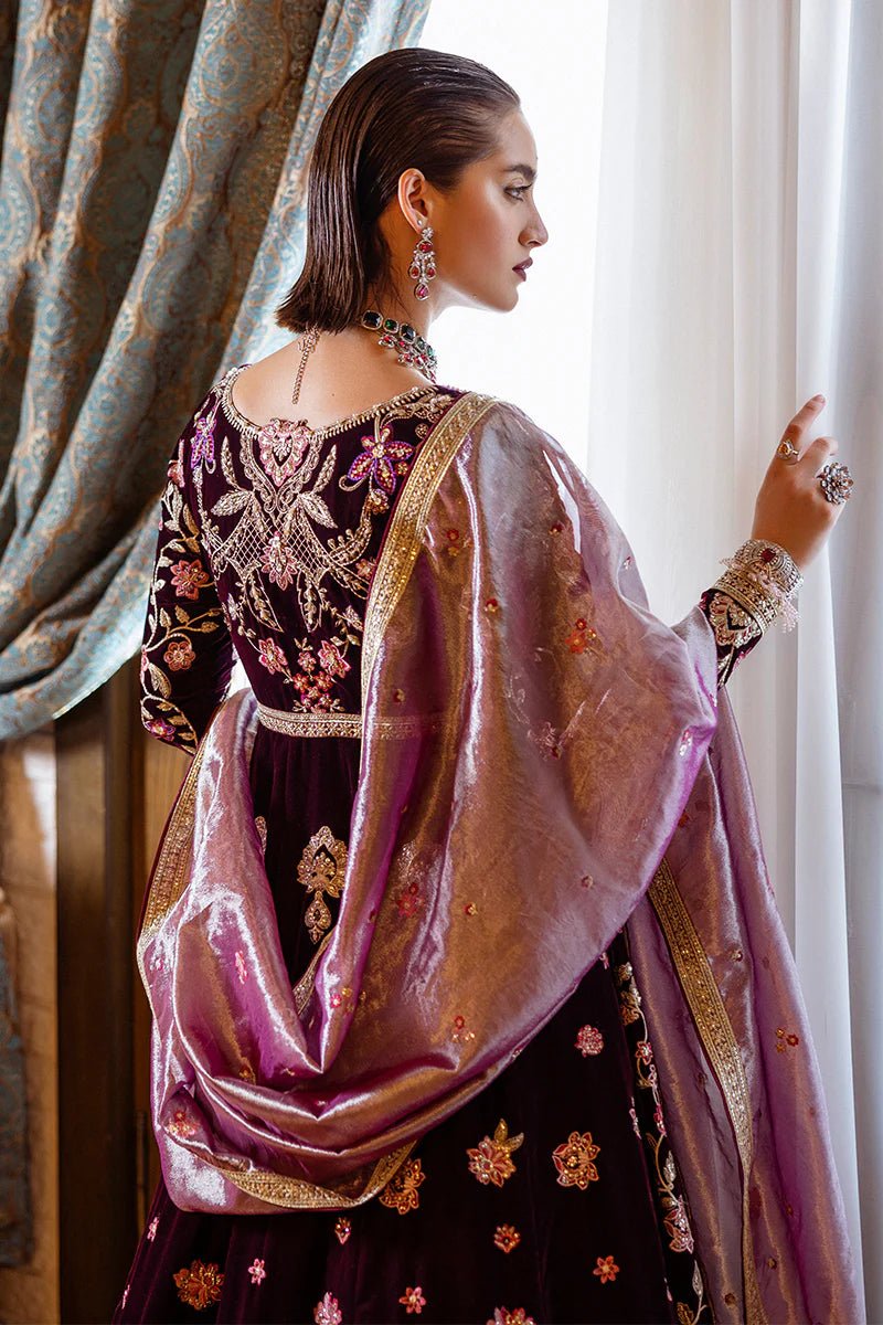 Model wearing Lost in Time from Mushq's DEJA VU - VELVET '24 collection in rich, elegant velvet. Pakistani clothes online in UK at Signature Labels.