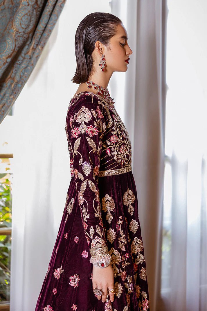 Model wearing Lost in Time from Mushq's DEJA VU - VELVET '24 collection in rich, elegant velvet. Pakistani clothes online in UK at Signature Labels.