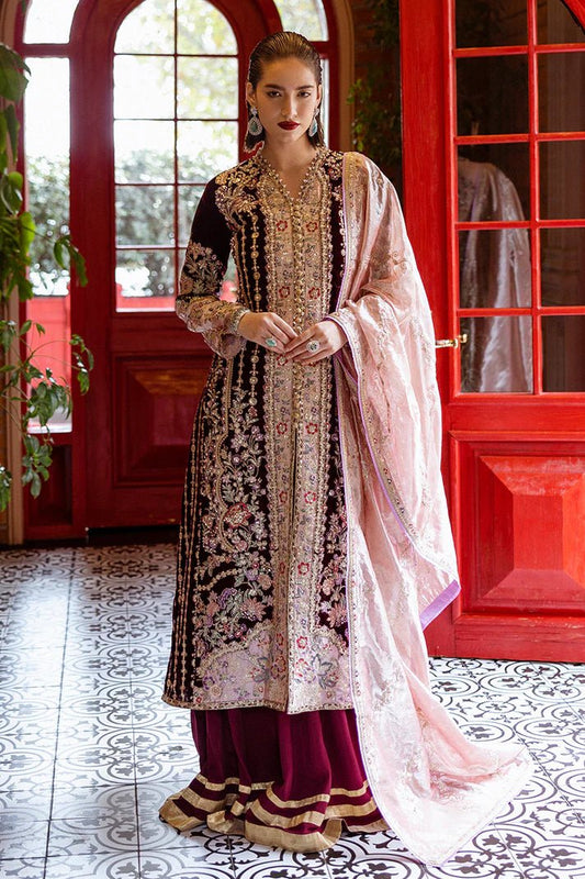 Model wearing Sentimental Journey from Mushq's DEJA VU - VELVET '24 collection in luxurious velvet. Pakistani clothes online in UK at Signature Labels.