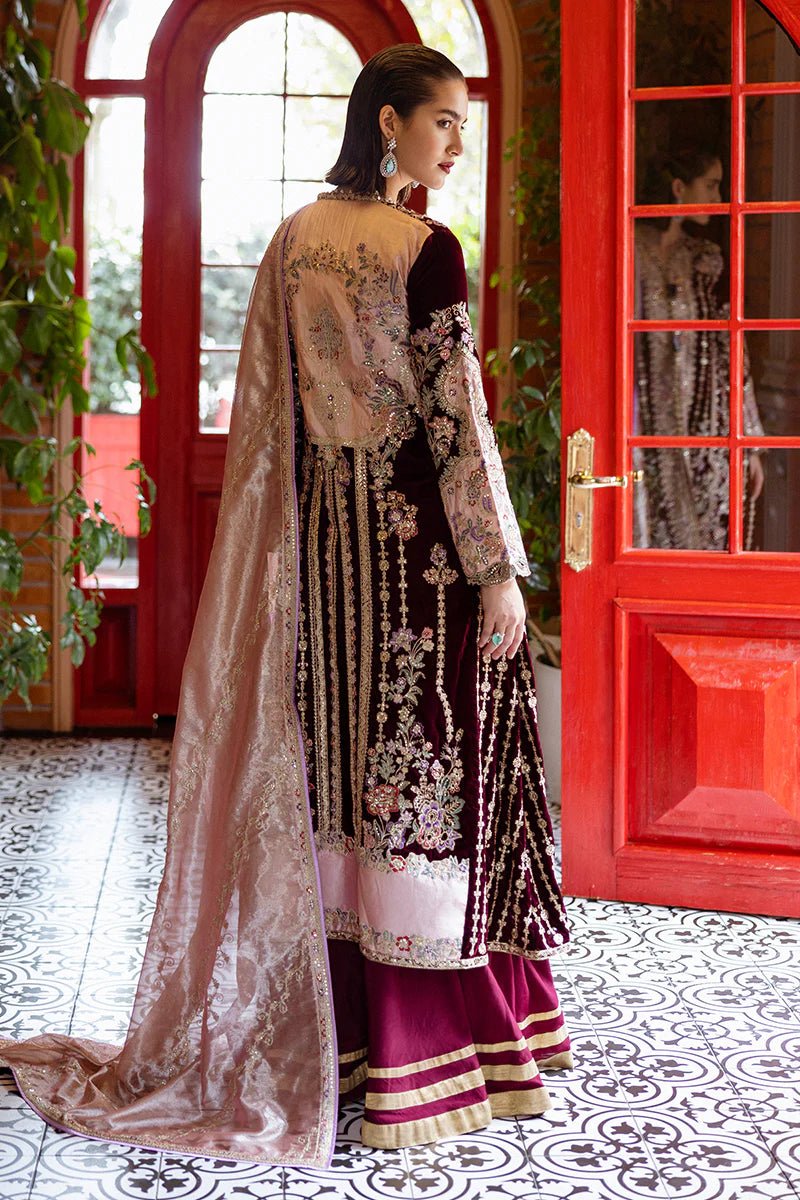 Model wearing Sentimental Journey from Mushq's DEJA VU - VELVET '24 collection in luxurious velvet. Pakistani clothes online in UK at Signature Labels.