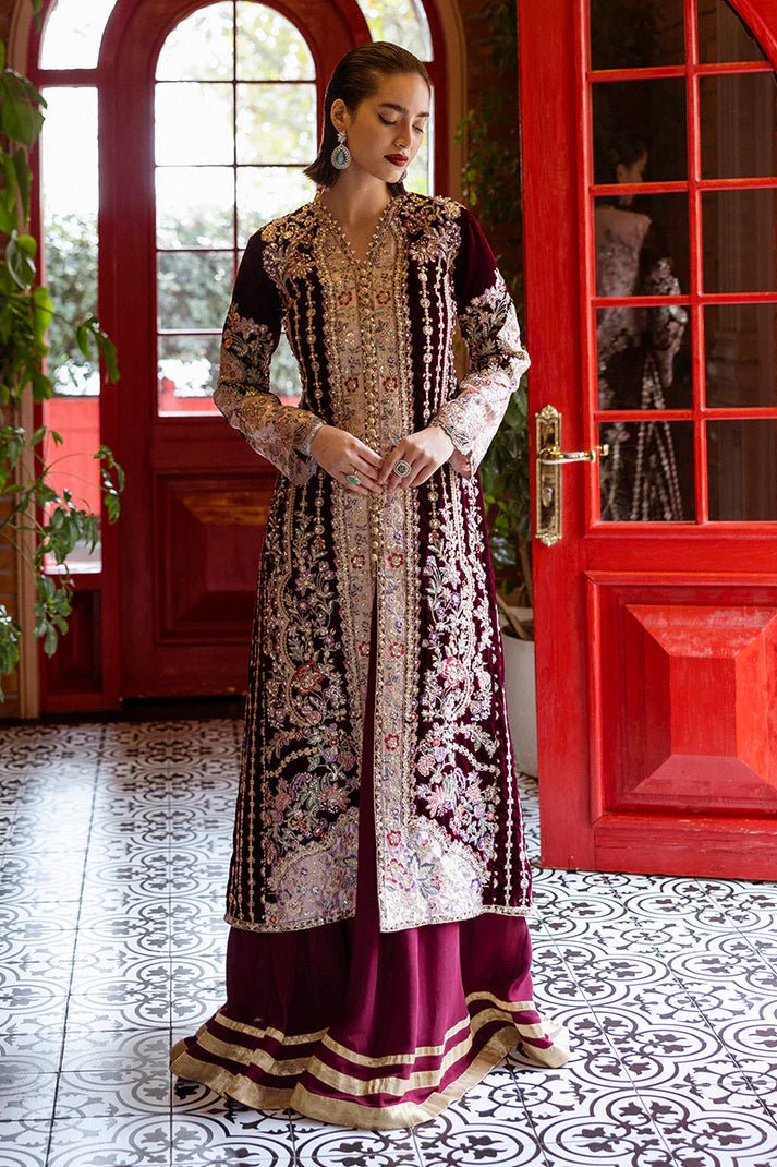 Model wearing Sentimental Journey from Mushq's DEJA VU - VELVET '24 collection in luxurious velvet. Pakistani clothes online in UK at Signature Labels.