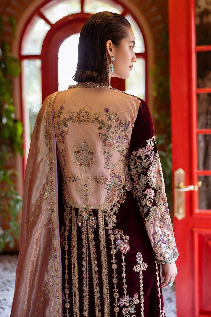 Model wearing Sentimental Journey from Mushq's DEJA VU - VELVET '24 collection in luxurious velvet. Pakistani clothes online in UK at Signature Labels.