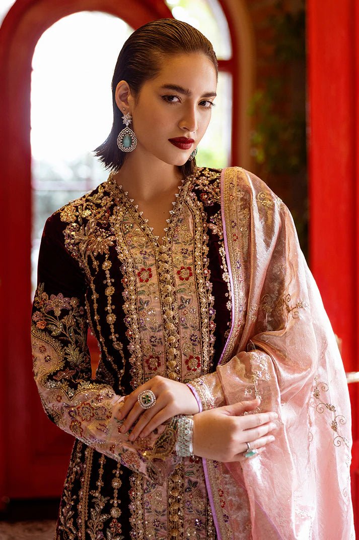 Model wearing Sentimental Journey from Mushq's DEJA VU - VELVET '24 collection in luxurious velvet. Pakistani clothes online in UK at Signature Labels.