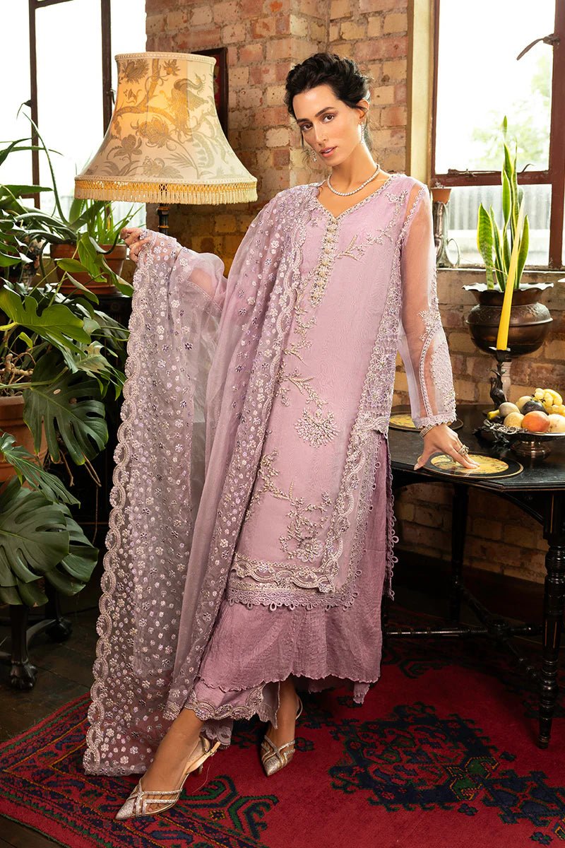 Model wearing Aisling from Mushq's Espoir Luxury Pret '24 collection in pastel peach. Luxury pret, festive, Pakistani clothes online in UK.