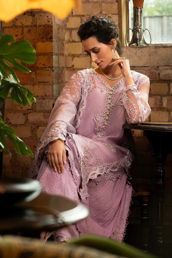 Model wearing Aisling from Mushq's Espoir Luxury Pret '24 collection in pastel peach. Luxury pret, festive, Pakistani clothes online in UK.