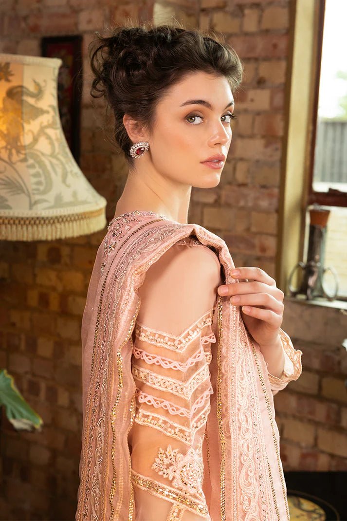 Model wearing Calliope from Mushq's Espoir Luxury Pret '24 in soft lavender, showcasing luxury Pakistani clothes online in UK.