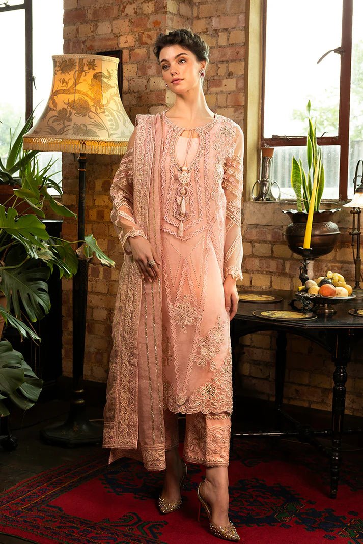 Model wearing Calliope from Mushq's Espoir Luxury Pret '24 in soft lavender, showcasing luxury Pakistani clothes online in UK.