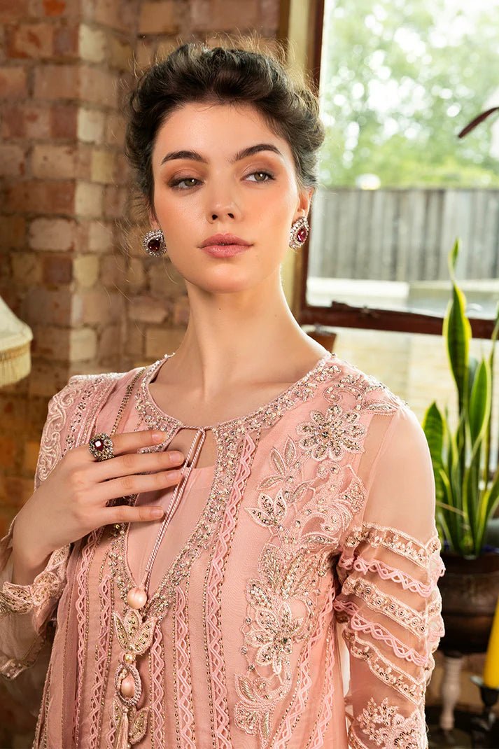 Model wearing Calliope from Mushq's Espoir Luxury Pret '24 in soft lavender, showcasing luxury Pakistani clothes online in UK.