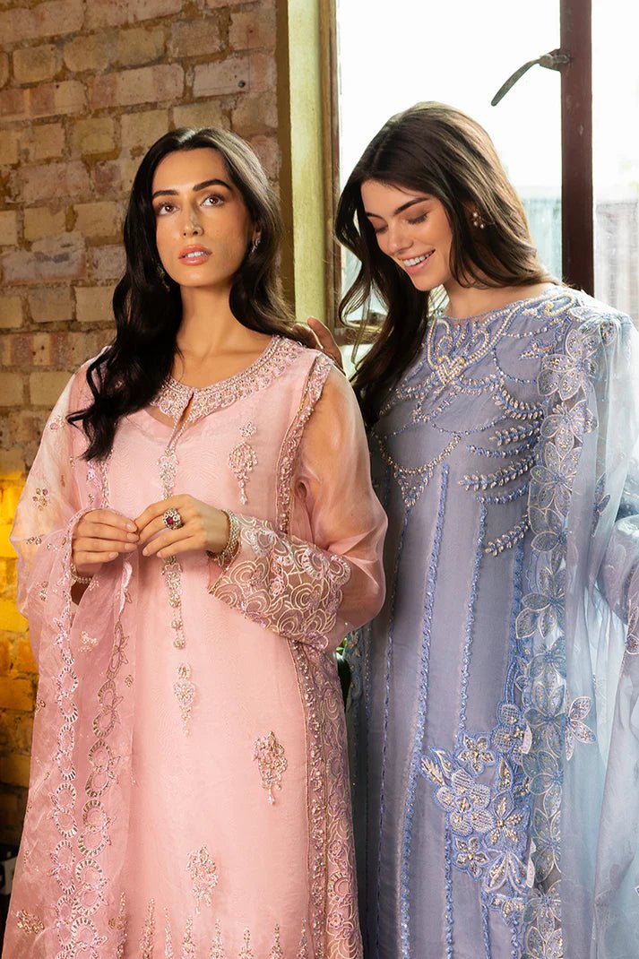 Model wearing Elpis from Mushq's Espoir Luxury Pret '24 in elegant tones, showcasing luxury Pakistani clothes online in UK.