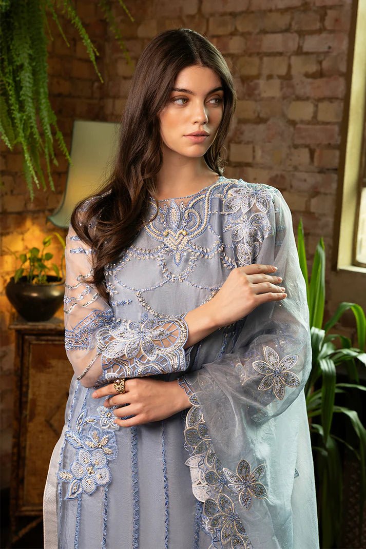 Model wearing Elpis from Mushq's Espoir Luxury Pret '24 in elegant tones, showcasing luxury Pakistani clothes online in UK.