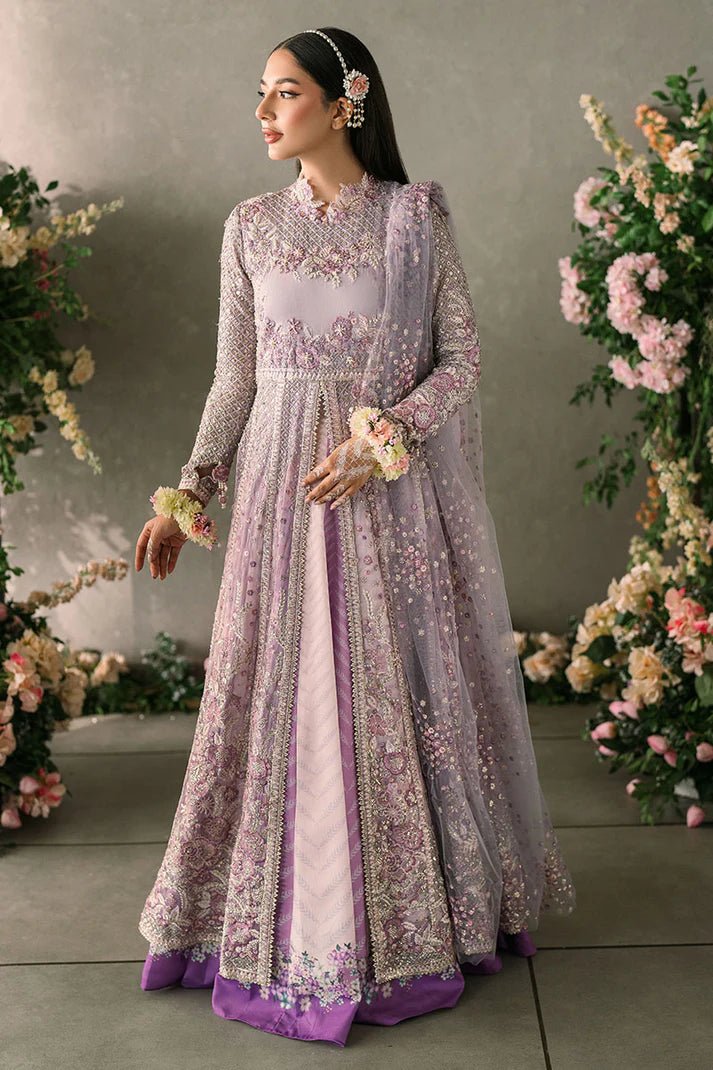 Model wearing Mushq Mastani Evening Luxury Chiffon Alyana dress in lavender, featuring intricate floral embroidery, ideal for Pakistani wedding clothes online in the UK.