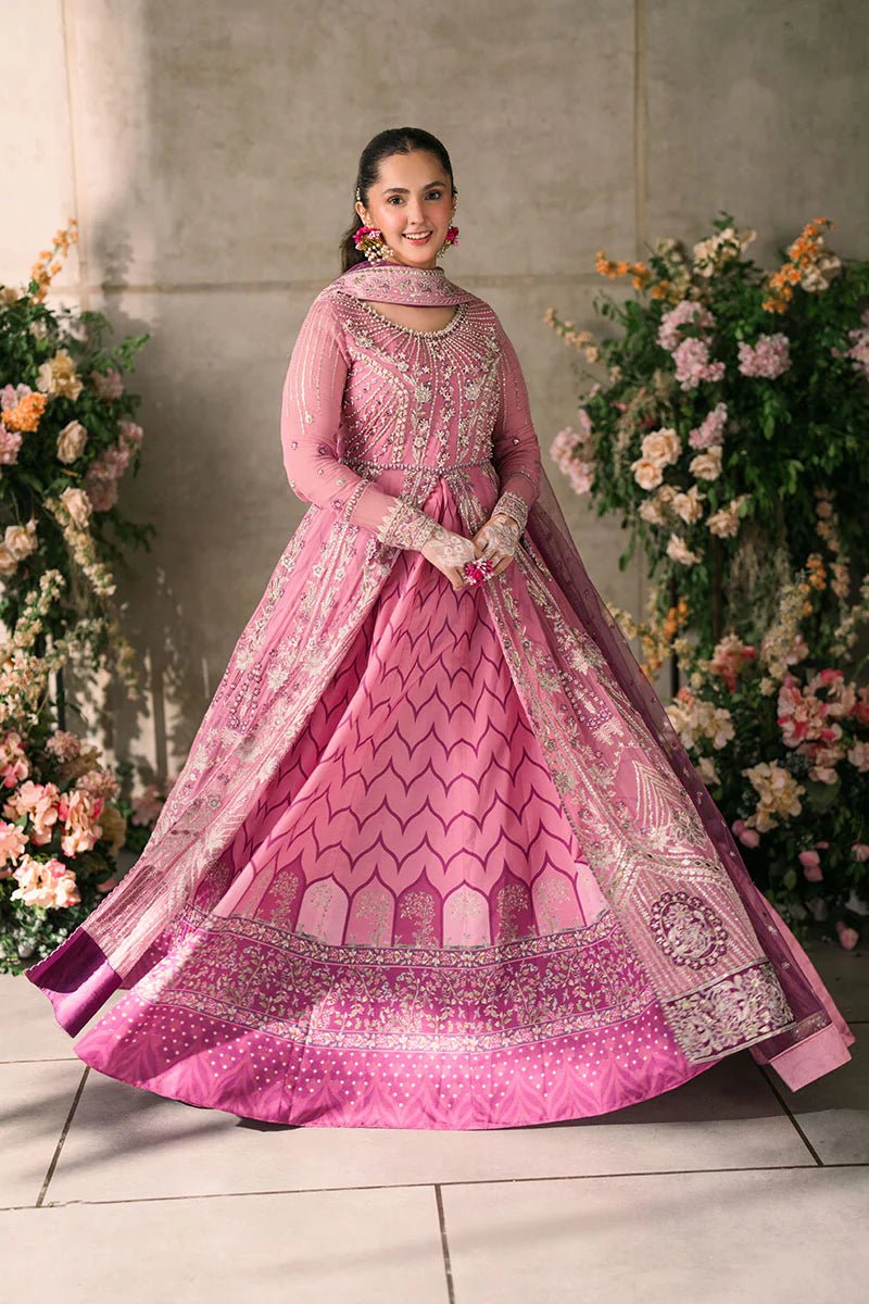 Model wearing Mushq Mastani Evening Luxury Chiffon Dua dress in shades of pink and purple, perfect for Pakistani wedding clothes online in the UK.