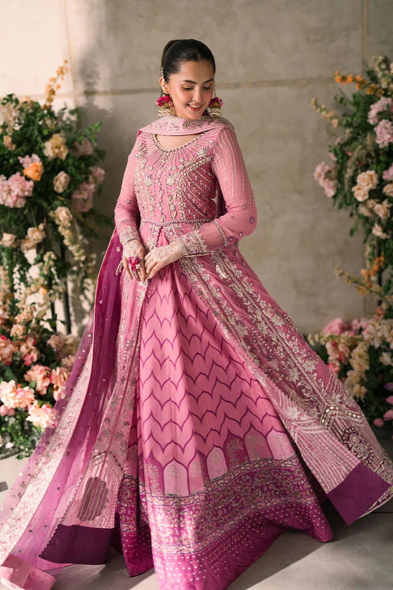 Model wearing Mushq Mastani Evening Luxury Chiffon Dua dress in shades of pink and purple, perfect for Pakistani wedding clothes online in the UK.