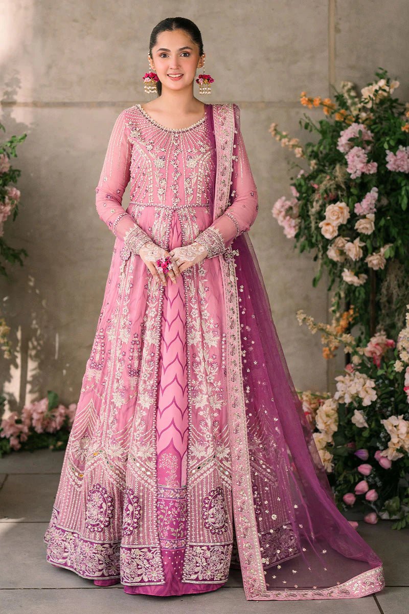 Model wearing Mushq Mastani Evening Luxury Chiffon Dua dress in shades of pink and purple, perfect for Pakistani wedding clothes online in the UK.