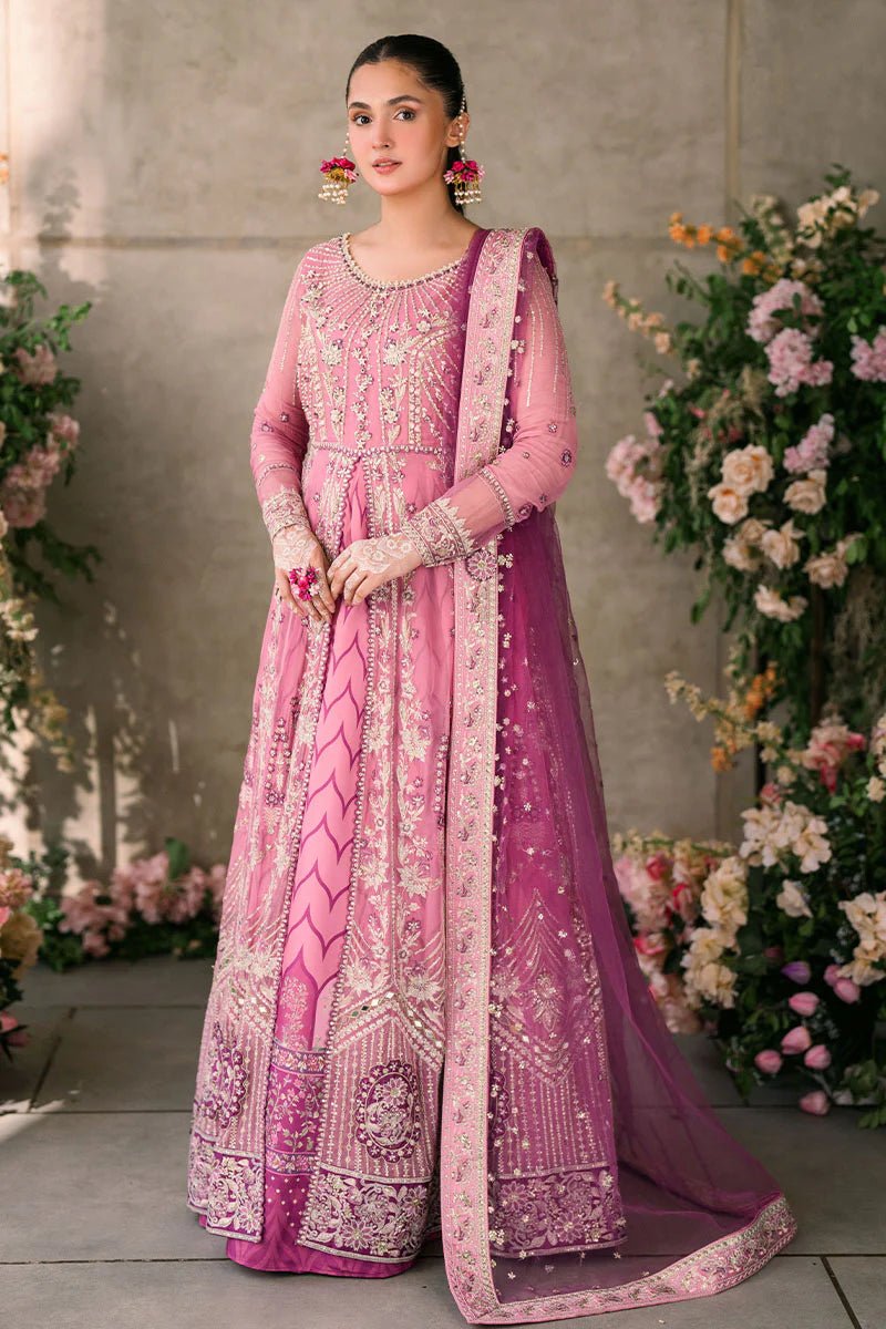 Model wearing Mushq Mastani Evening Luxury Chiffon Dua dress in shades of pink and purple, perfect for Pakistani wedding clothes online in the UK.