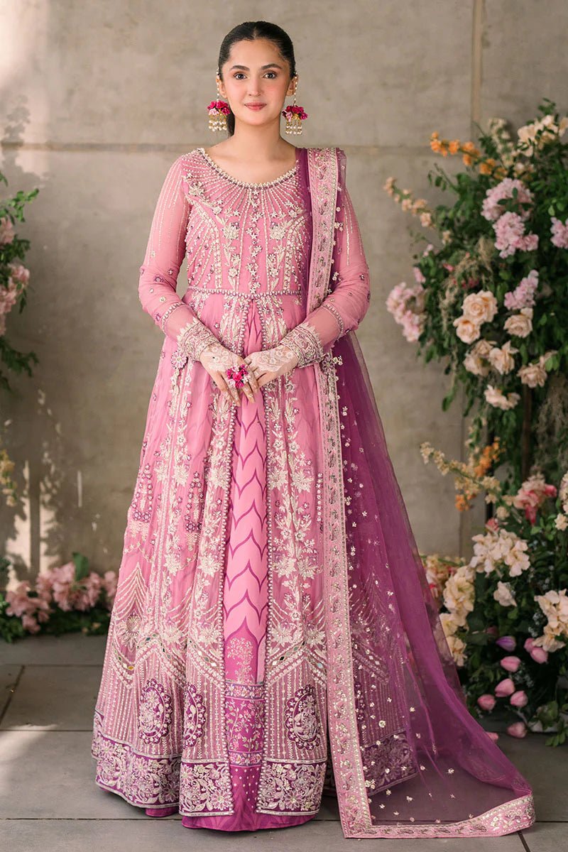 Model wearing Mushq Mastani Evening Luxury Chiffon Dua dress in shades of pink and purple, perfect for Pakistani wedding clothes online in the UK.