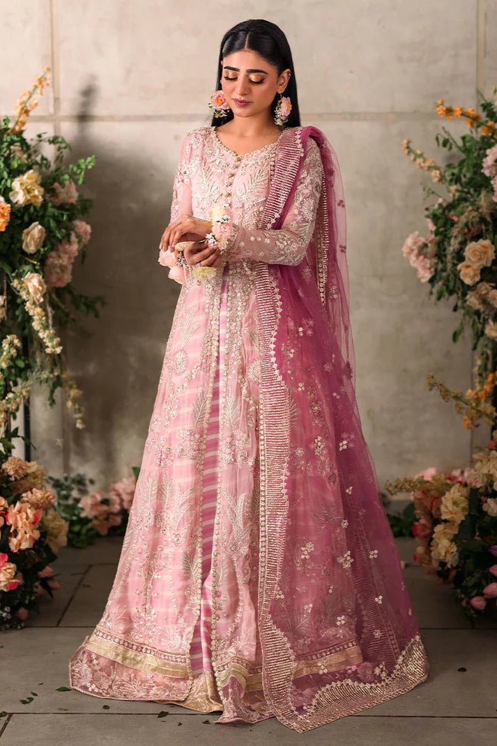 Model wearing Mushq Mastani Evening Luxury Chiffon Maisha dress in soft pink, perfect for Pakistani wedding clothes online in the UK.