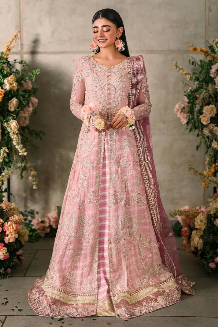 Model wearing Mushq Mastani Evening Luxury Chiffon Maisha dress in soft pink, perfect for Pakistani wedding clothes online in the UK.