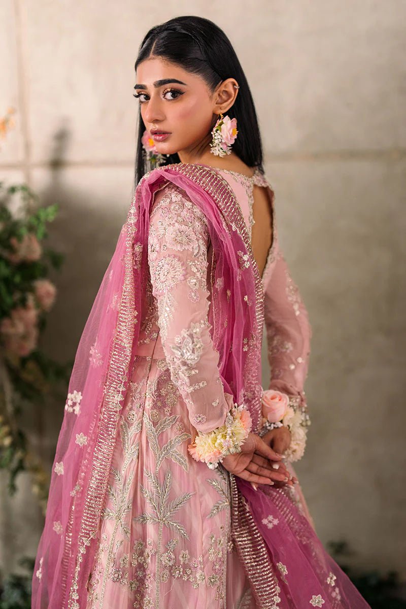 Model wearing Mushq Mastani Evening Luxury Chiffon Maisha dress in soft pink, perfect for Pakistani wedding clothes online in the UK.