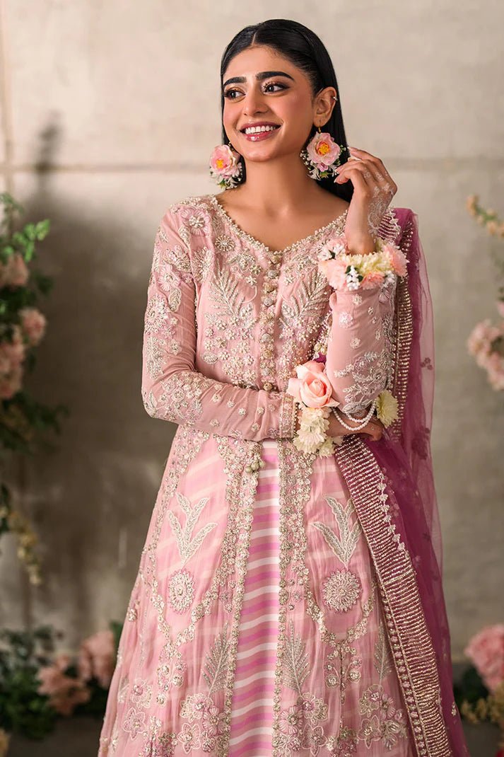 Model wearing Mushq Mastani Evening Luxury Chiffon Maisha dress in soft pink, perfect for Pakistani wedding clothes online in the UK.