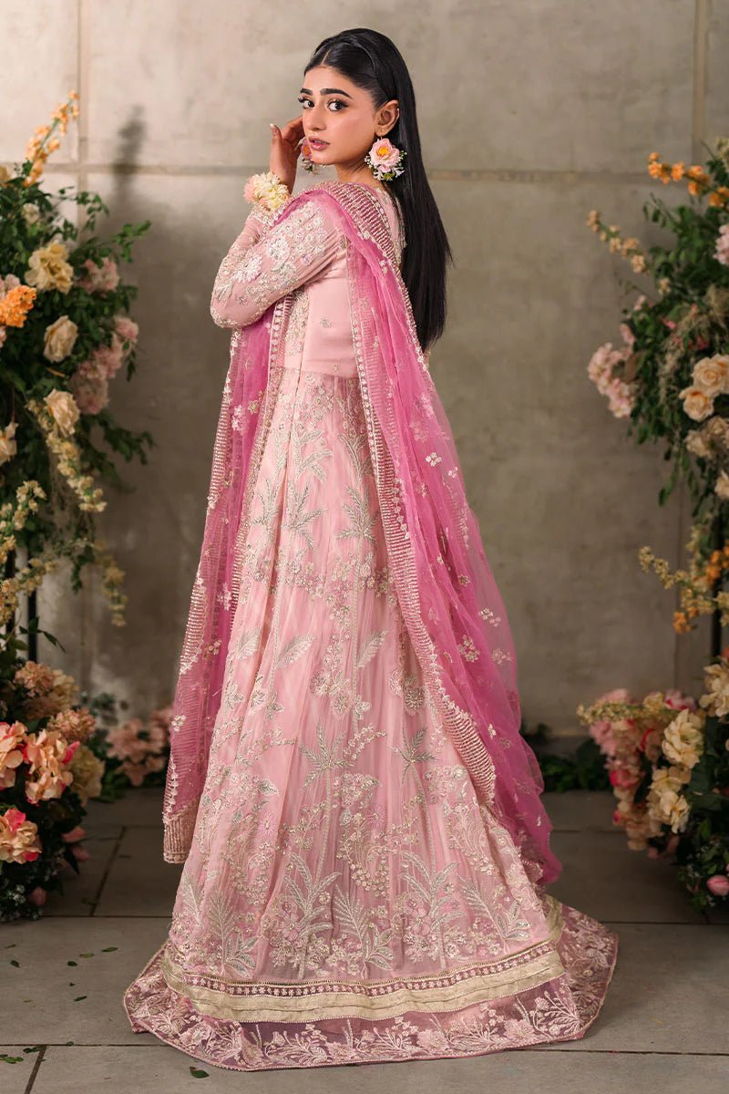 Model wearing Mushq Mastani Evening Luxury Chiffon Maisha dress in soft pink, perfect for Pakistani wedding clothes online in the UK.