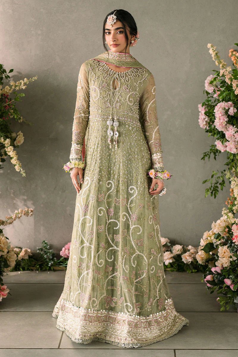 Model wearing Mushq Mastani Evening Luxury Chiffon Namar dress in a soft green shade, perfect for Pakistani wedding clothes online in the UK.