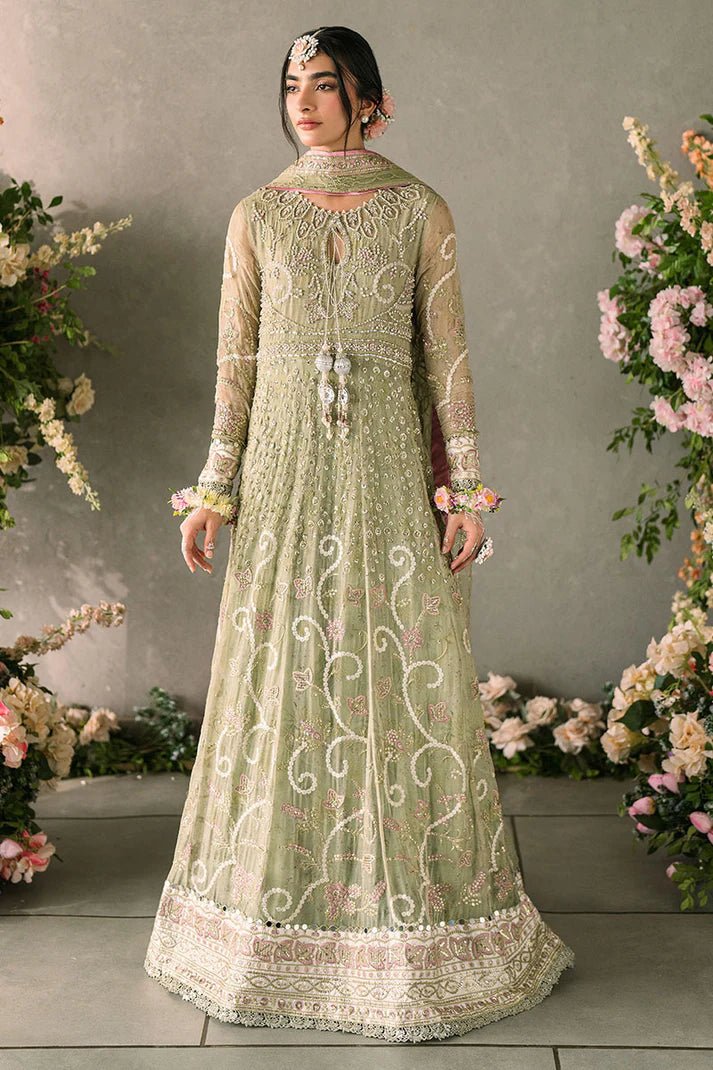 Model wearing Mushq Mastani Evening Luxury Chiffon Namar dress in a soft green shade, perfect for Pakistani wedding clothes online in the UK.