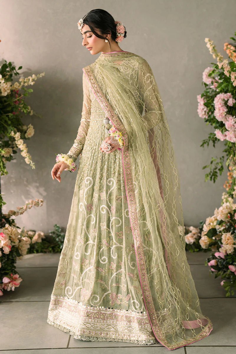 Model wearing Mushq Mastani Evening Luxury Chiffon Namar dress in a soft green shade, perfect for Pakistani wedding clothes online in the UK.