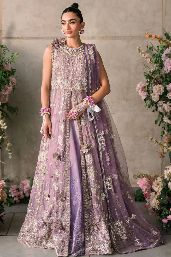 Model wearing Mushq Mastani Evening Luxury Chiffon Sana dress in soft lavender, perfect for Pakistani wedding clothes online in the UK.