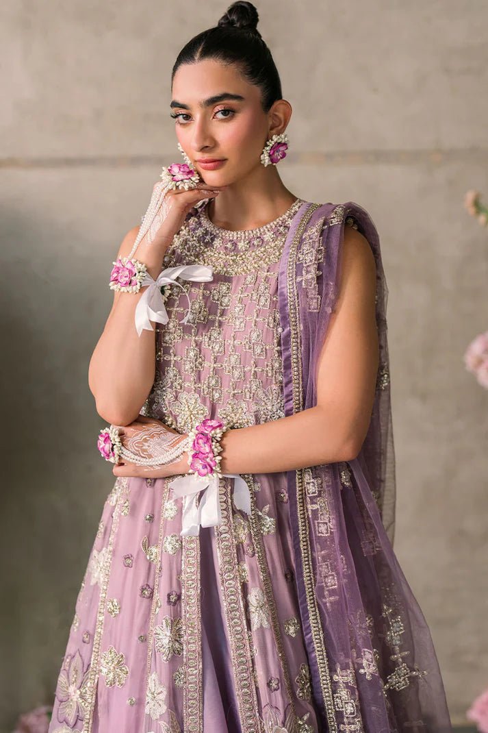 Model wearing Mushq Mastani Evening Luxury Chiffon Sana dress in soft lavender, perfect for Pakistani wedding clothes online in the UK.