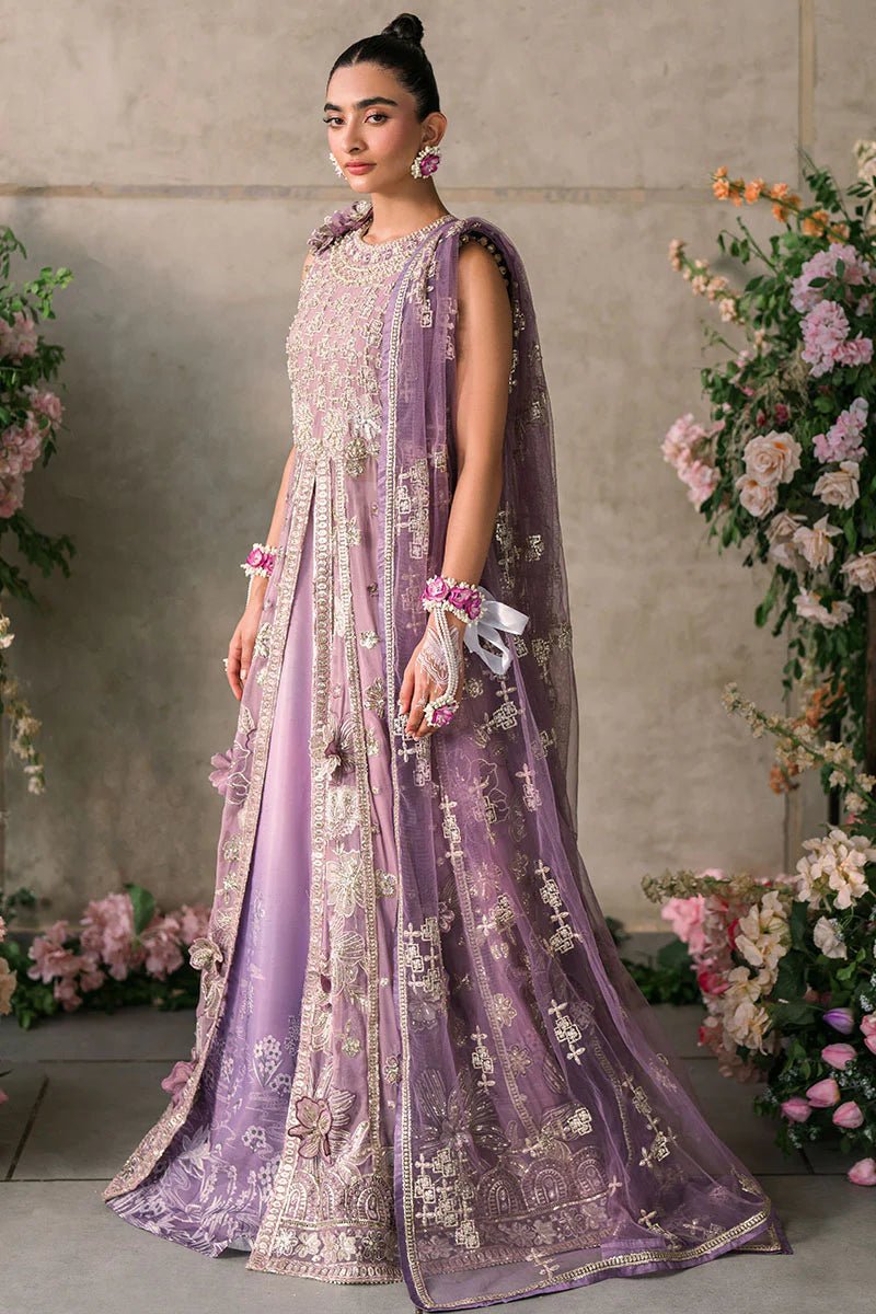 Model wearing Mushq Mastani Evening Luxury Chiffon Sana dress in soft lavender, perfect for Pakistani wedding clothes online in the UK.