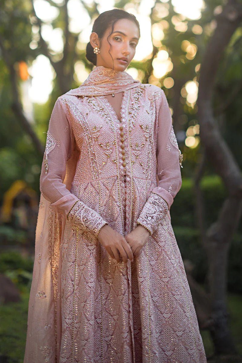 Model wearing Mushq Roohi Luxury Collection Aanya dress in blush pink, highlighting intricate embroidery. Perfect for Pakistani wedding clothes online in UK.