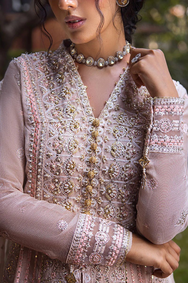 Model wearing a pale pink dress from Mushq's Roohi Luxury Collection, Anika. Perfect for Pakistani wedding clothes online in the UK.