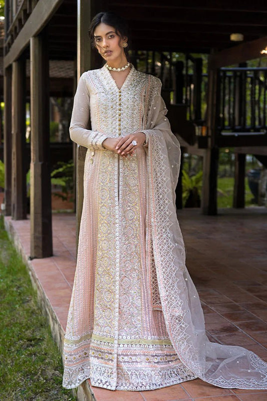 Model wearing a pale pink dress from Mushq's Roohi Luxury Collection, Anika. Perfect for Pakistani wedding clothes online in the UK.