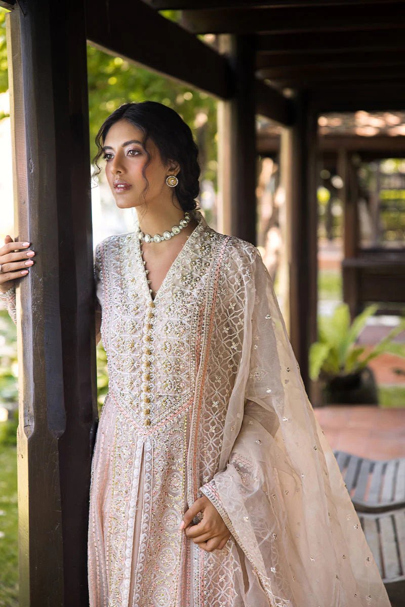 Model wearing a pale pink dress from Mushq's Roohi Luxury Collection, Anika. Perfect for Pakistani wedding clothes online in the UK.