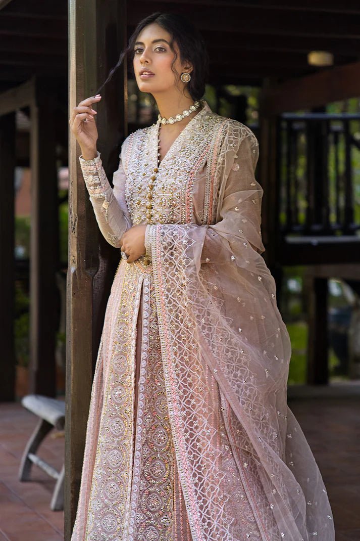 Model wearing a pale pink dress from Mushq's Roohi Luxury Collection, Anika. Perfect for Pakistani wedding clothes online in the UK.