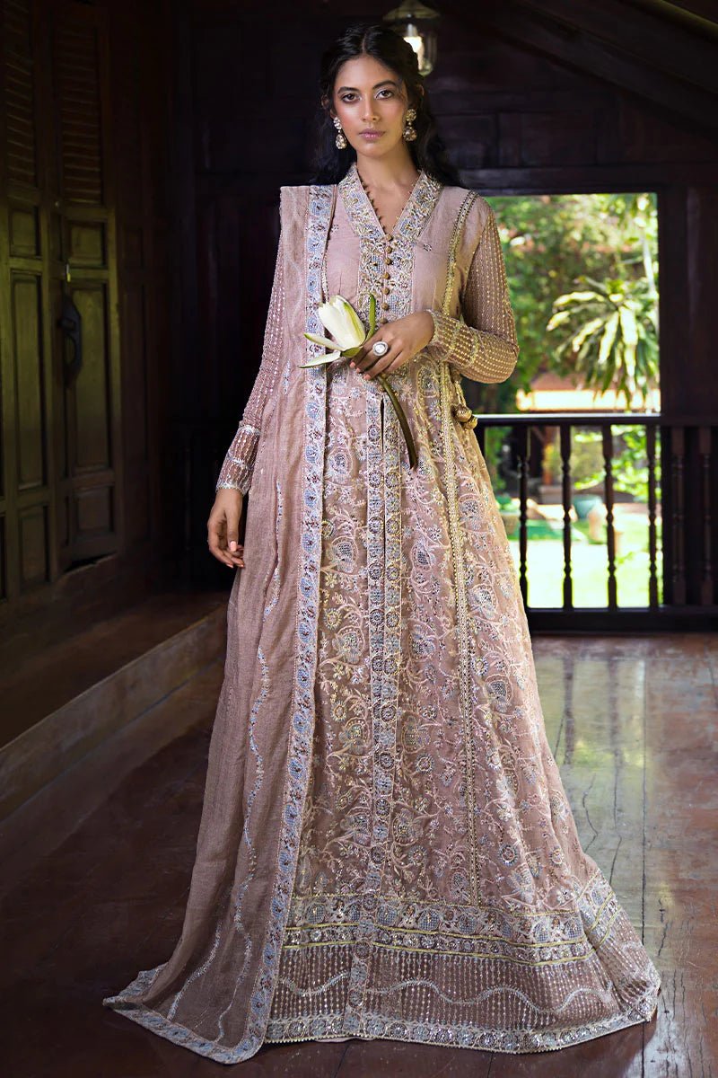 Model wearing Mushq Janvi dress in dusty pink. Shop Pakistani wedding clothes online in the UK. Discover Mushq's Roohi Luxury Collection.