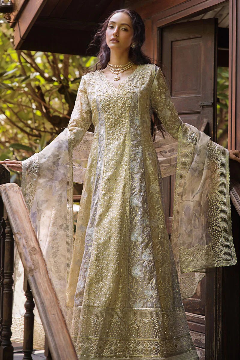 Model wearing pastel green Riya dress from Mushq Roohi Luxury Collection. Ideal for Pakistani clothes online in UK and wedding clothes shoppers.