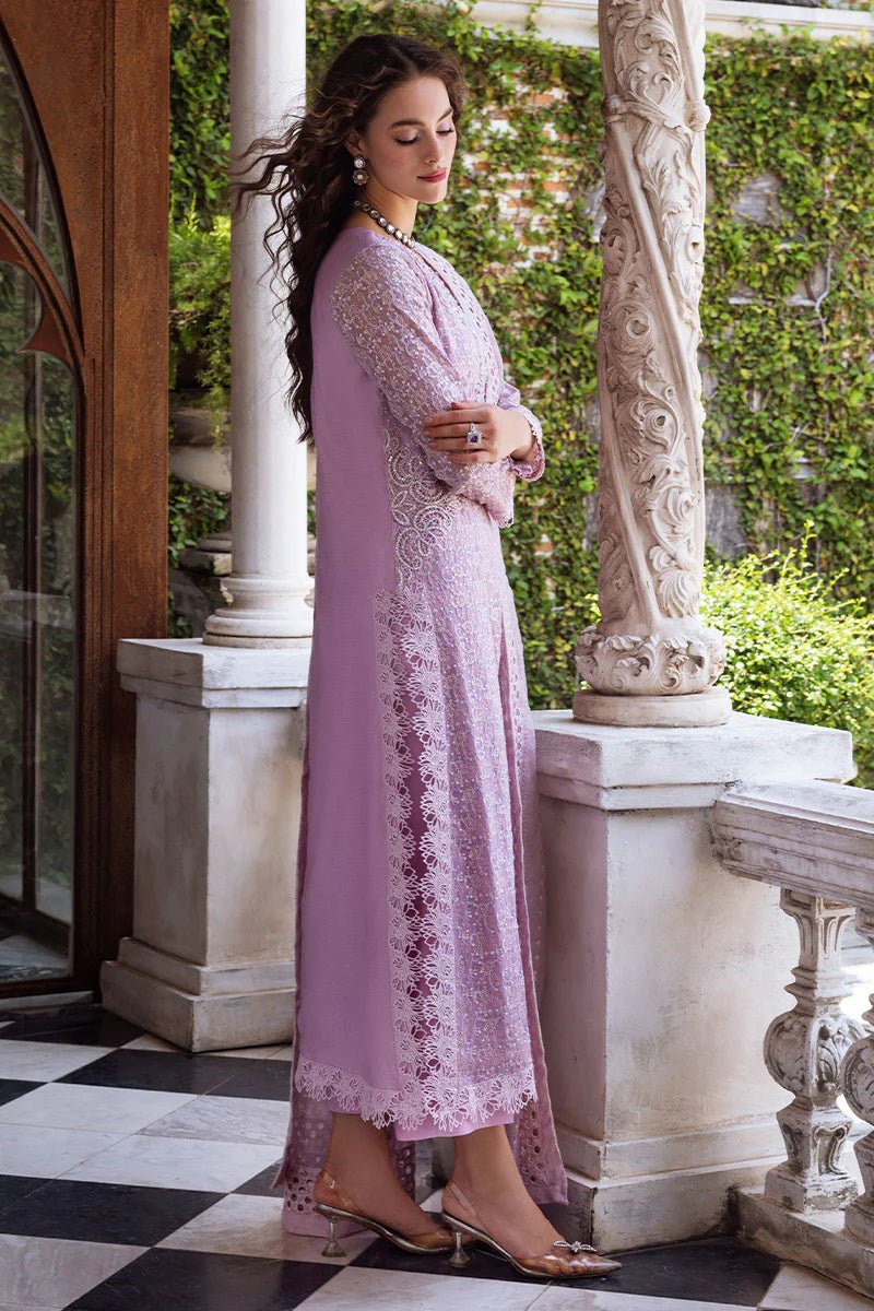 Model wearing a pastel pink Shirin dress from Mushq, Saugaat Chickenkari Pret collection. Pakistani designer clothes in UK, readymade clothes, elegant and stylish.