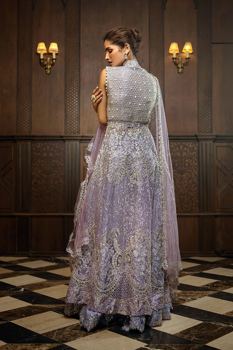 Model wearing Celestial Glam from Mushq's Stardust Wedding Collection '24, showcasing elegant details. Pakistani clothes online in UK.