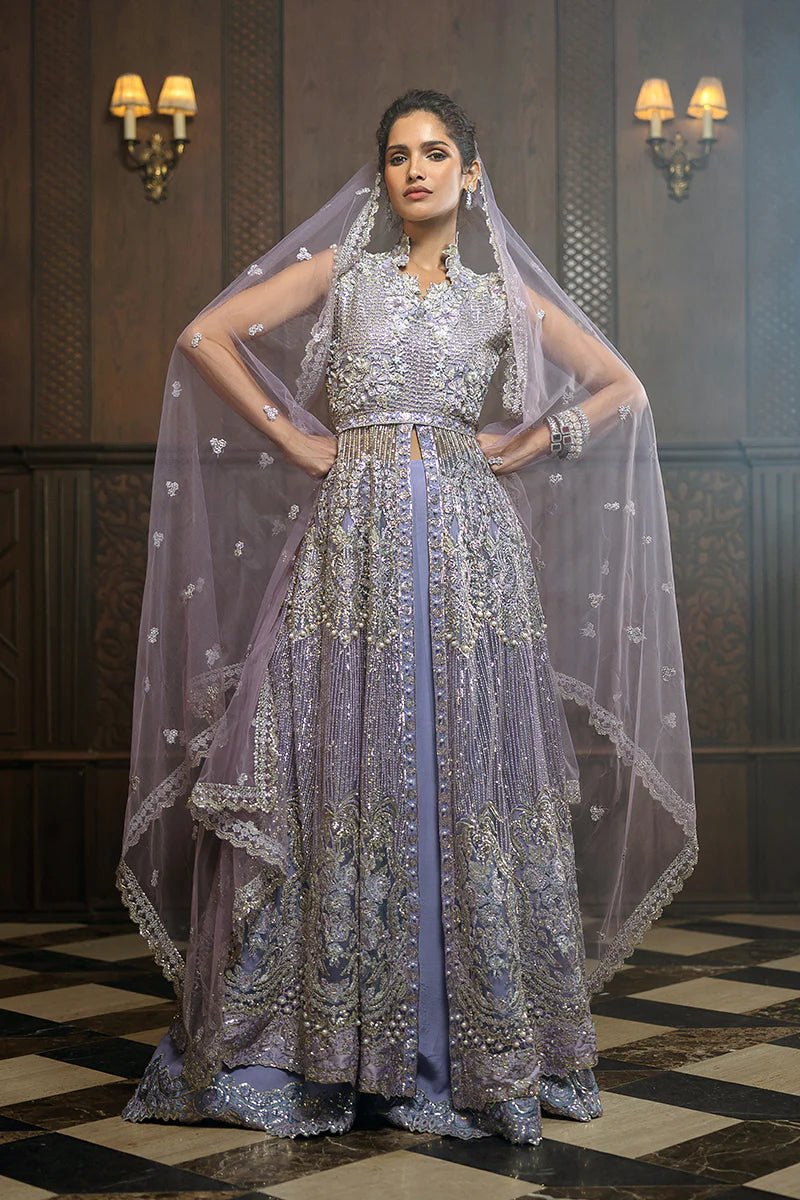 Model wearing Celestial Glam from Mushq's Stardust Wedding Collection '24, showcasing elegant details. Pakistani clothes online in UK.