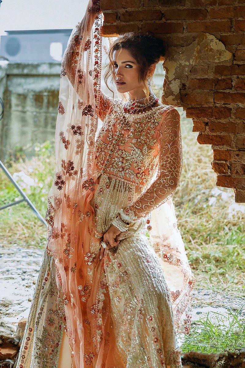 Model wearing Galaxy Gown from Mushq's Stardust Wedding Collection '24, featuring elegant craftsmanship. Pakistani clothes online in UK.